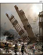 Fire-fighters in the rubble of the World Trade Centre